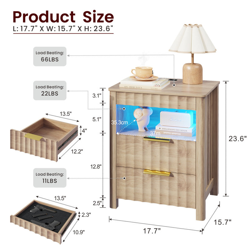  17.7'' W 2-Drawer Nightstand with LED Light and Charging Station, Wood
