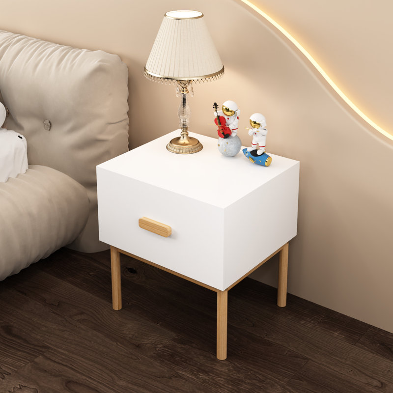 Table de chevet blanche avec tiroir et support en pin massif, conception simple pour les espaces de vie des chambres à coucher, pieds de style