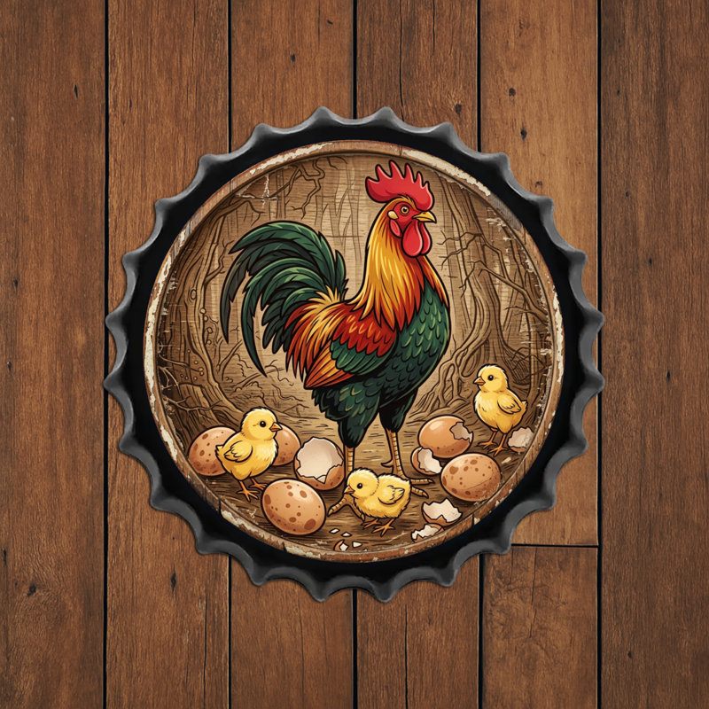 Coq de coqs, bouteilles, bouchons en métal, plaque d'étain, affiche murale, décoration de maison, 13,8 x 13,8 pouces