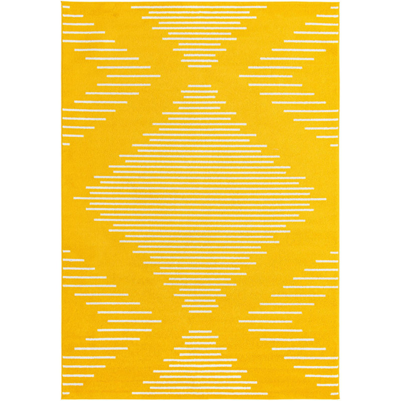 Tapis géométrique jaune en polypropylène tissé à la machine, Rectangle 7 pi x 10 pi