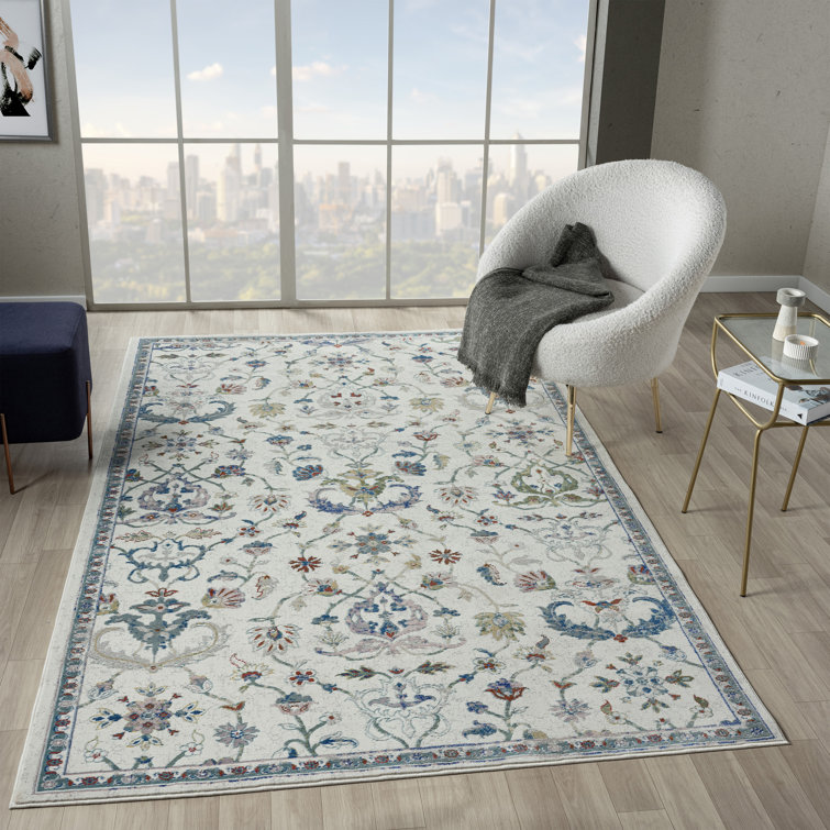 Nekiesha Ivory/Blue Floral Traditional Indoor Performance Area Rug