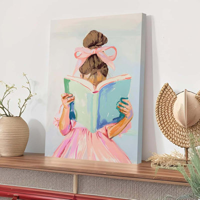 Brun cheveux fille lecture livre toile art enfants lecture murale décoration photo pastel petite fille affiche impression rose arc esthétique pour galerie bibliothèque lecture coin décoration 12 x 16 po