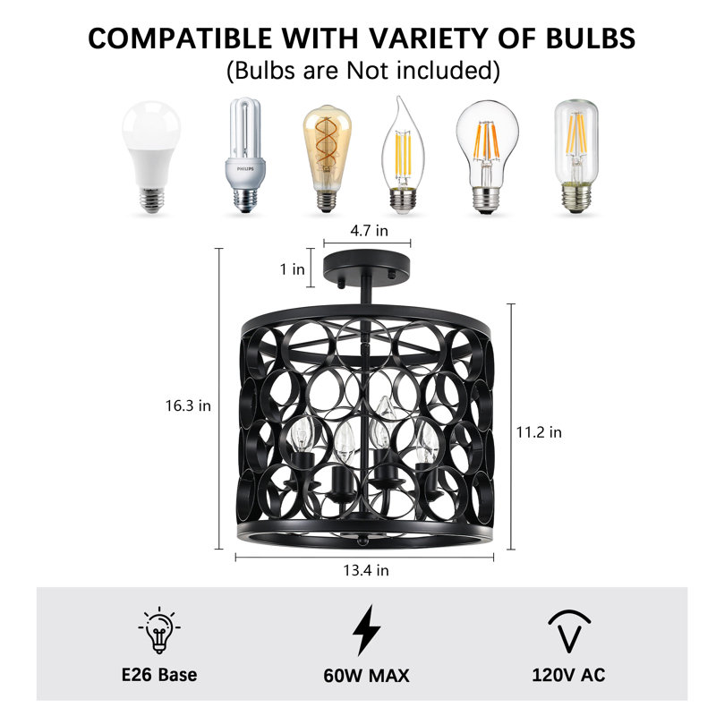 4-Light Semi-Flush Mount Ceiling Light , Matte Black
