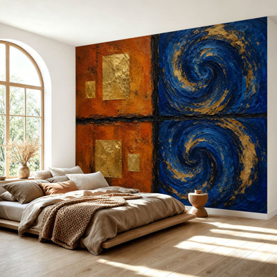 Papier peint adhésif mural Mid-Century abstrait terre cuite bleu marine, orange, bohème, minimaliste, autocollant, papier contact amovible pour salle de séjour H 69 po x l 96 po
