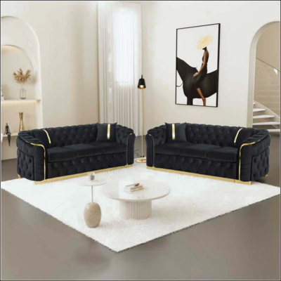 Ensemble de canapé capitonné en velours capitonné 2 pièces avec 2 coussins, ensemble de canapé Chesterfield de luxe à 3 places avec accents en acier inoxydable doré pour le salon