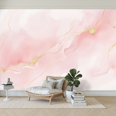 Wall Mural Peel and Stick Wallpaper Pink soft pastel gold line sparkle marble Self-Adhesive Removable Contact Paper Wall Decor for Living Room Bedroom 100"H x 144"W