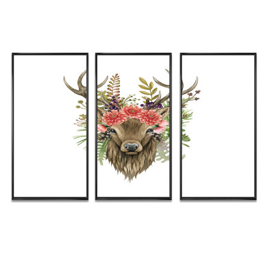 " Deer Portrait With Flowers " 3 - Pieces