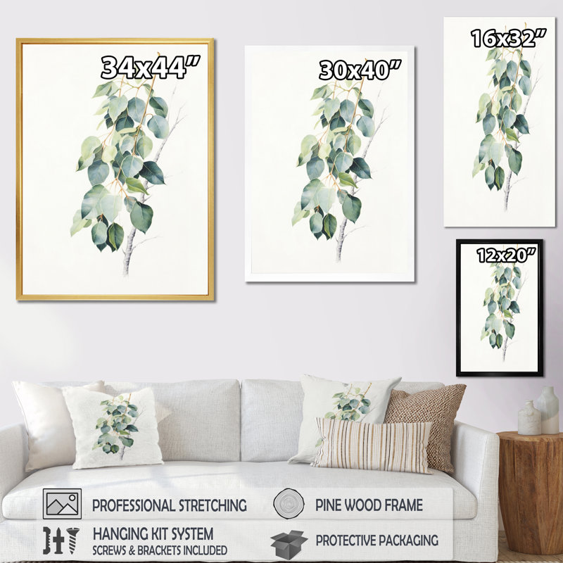 Vert, blanc, minimalisme, eucalyptus Essence II - impression, Cadre photo noir, H 32 po x l 16 po x P 1 po