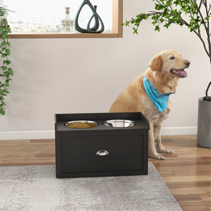 Grand support d'alimentation pour chien avec rangement. Noir 2 bols en acier inoxydable surélevés. Soutient la santé et l'énergie de l'animal. Élévation spacieuse. Améliore la routine. Tiroir