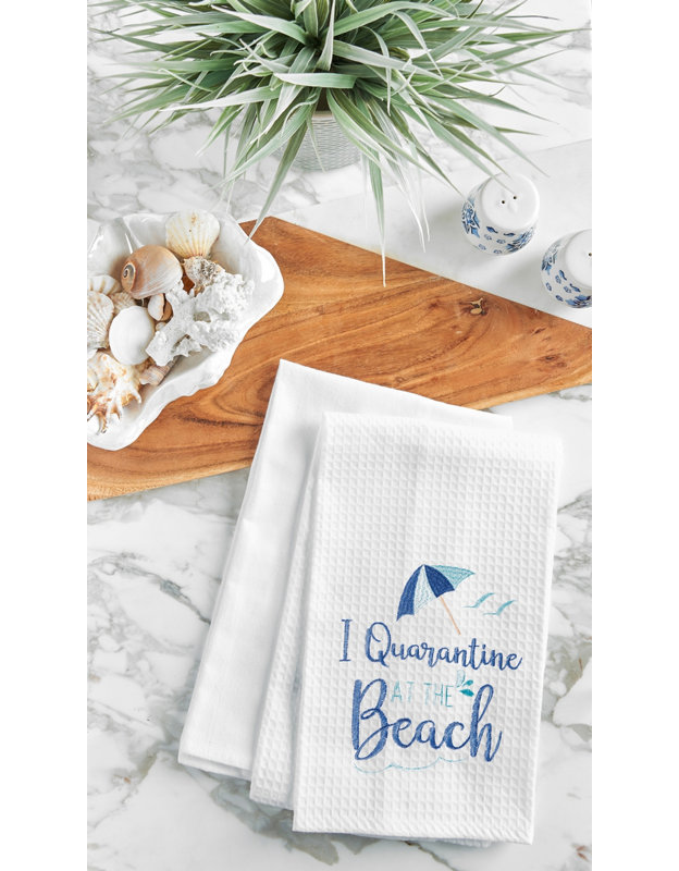 Quarantine At The Beach Embroidered Waffle Weave Dishtowel