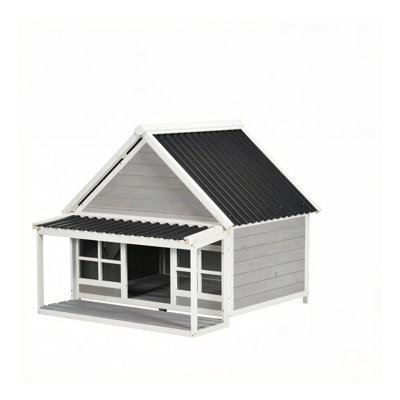 Elevated Wooden Outdoor Dog House with Roofed Porch, Grey and White Finish