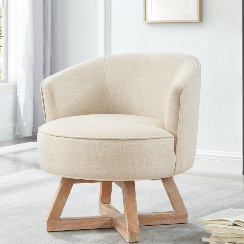 Fauteuil pivotant en lin beige avec rotation à 360° et structure stable en bois avec coussin moelleux