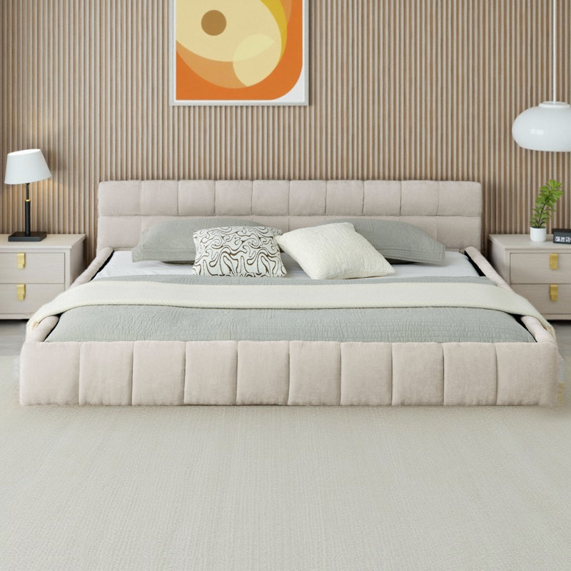 Structure de lit tapissier très grand californien - Lit plateforme en tissu de chenille moelleux avec tête de lit, conception moderne avec mise à la terre, sans sommier tapissier (90,5 po x 80,5 po)