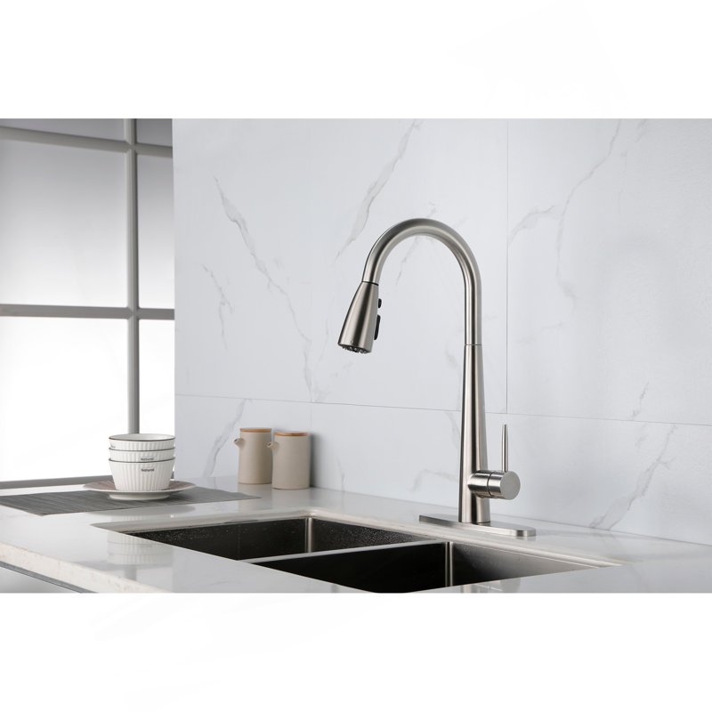 Robinet d'évier de cuisine à poignée simple en acier inoxydable avec douchette extractible, Nickel brossé