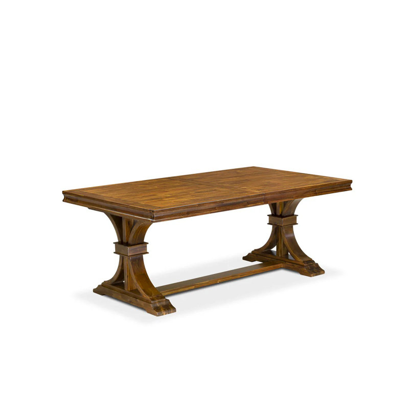 L'ensemble de table de cuisine 9 pièces comprend une table de salle à manger rectangulaire et 8 chaises en cuir de polyuréthane beige clair, finition noyer antique