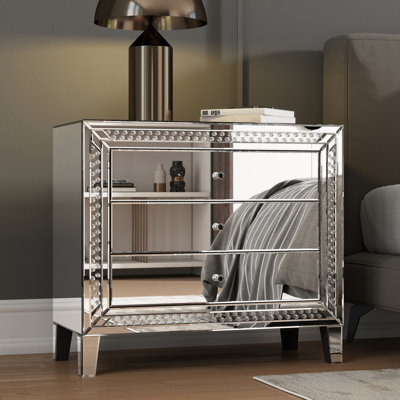 Gilian Yolanta 33" Large Mirrored Glass Nightstand Bedroom Crystal Decor