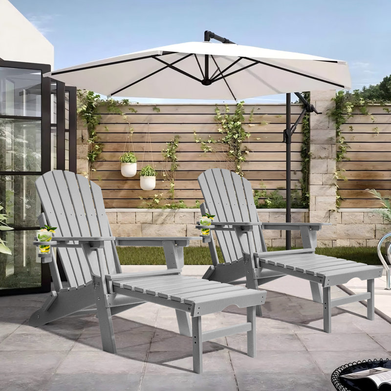Behiye Plastic Folding and Adjustable Adirondack Chair with Ottoman, Gray