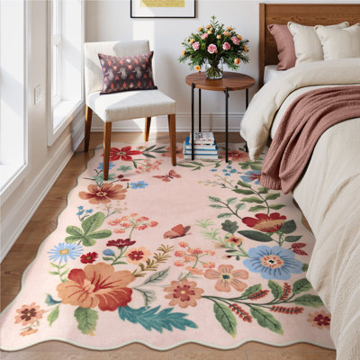 Floral Washable Rugs Non-Slip Soft Rugs for Living Room Bedroom Ultra-Thin Boho Accent Carpet