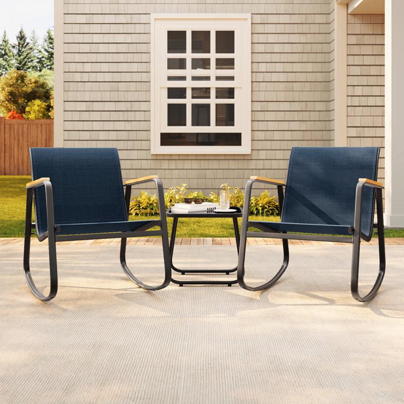 3-Piece  Outdoor Patio Conversation Rocking Set With Table，Seating Group, Blue