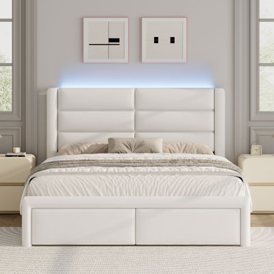 Modern Faux Leather Bed Frame with Upholstered Headboard and LED Lights
