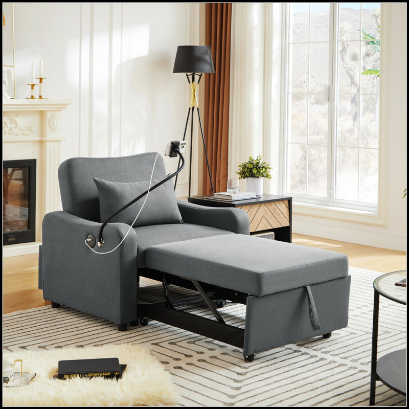Fauteuil convertible trois en un avec dossier réglable, support de téléphone et port USB de chargement, idéal pour les petits espaces.