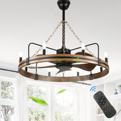 36 Inch 5-Blade Farmhouse Wagon Wheel Ceiling Fan with Lights, 6 Speeds Reversible Bladeless Ceiling Fan with Remote Fandelier Ceiling Fan