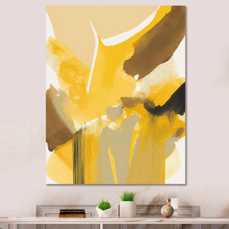 Décoration murale moutarde jaune rétro I - Abstrait encre liquide en métal, H 44 po x l 34 po