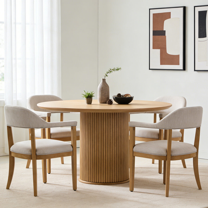 Bennett Mid-Century Modern Upholstered Dining Chairs with Rubberwood Legs, Beige Cushion/Natural Frame