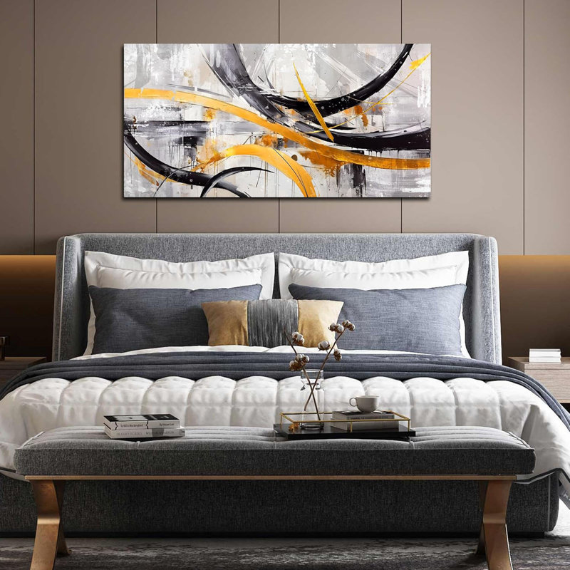 Abstrait art mural de salon - grande décoration murale sur toile - décoration murale pour bureau à domicile noir et blanc prête à être suspendue, taille 20 po x 40 po