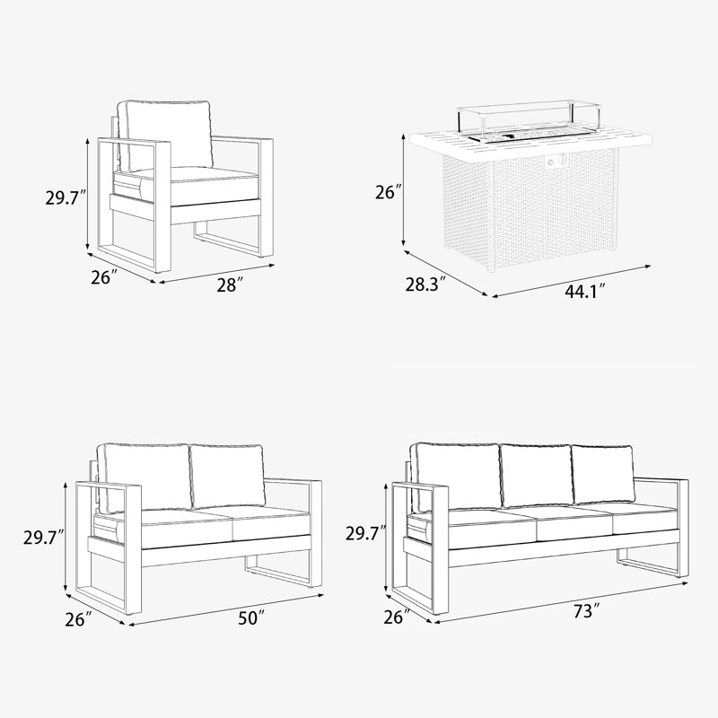 5 Piece Sofa Seating Group With Cushions, Light Grey/Black
