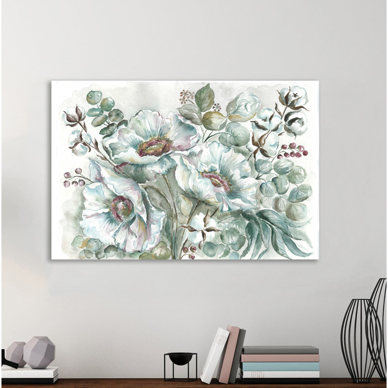 White Poppies And Eucalyptus IV - Wrapped Canvas Print, 25cm H x 38cm W