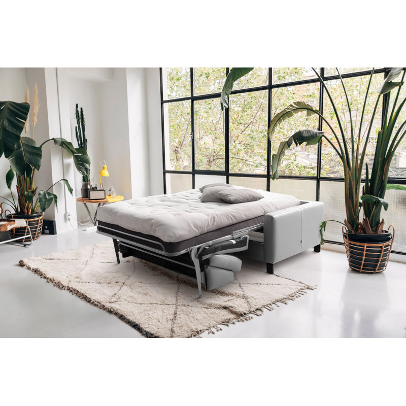 Najmul Genuine Leather Foldable Sofabed with Mattress, Light Grey