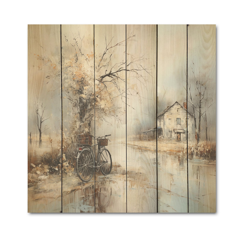 Vélo charme en hiver I - art mural en bois de bicyclette sur bois de pin naturel, H 36 po x l 36 po