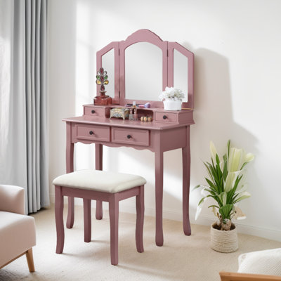 Meuble-lavabo en bois à finition rose doré, avec table, tabouret et organisateur de maquillage, avec boîte de rangement pour bijoux