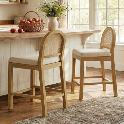 Tabourets de bar en bois avec dossier en rotin naturel (ensemble de 2)