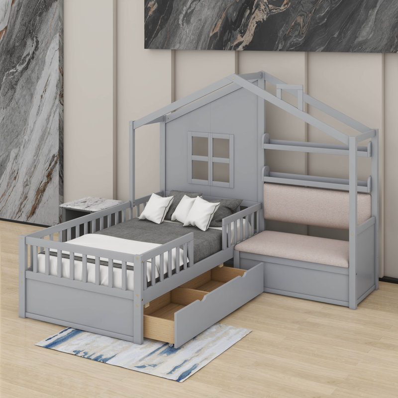 Lit simple avec canapé et tablette, gris