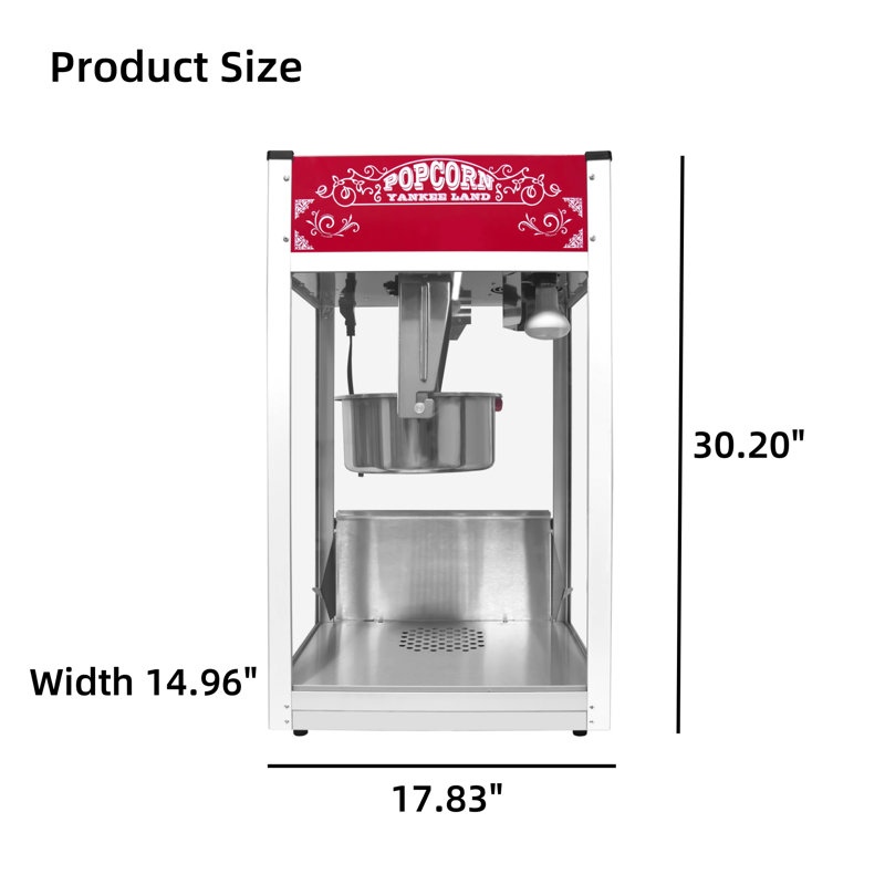 16 Oz Kettle, 1440 Watt Countertop Popcorn Maker With 3 Switch Controls, Steel Frame Tempered Glass Door, 1 Scoop 2 Scoops, Red