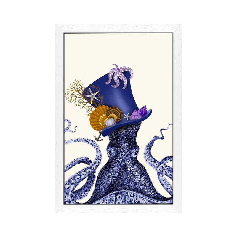 Octopus Nautical Hat - Single Picture Frame Print on Canvas, White Framed