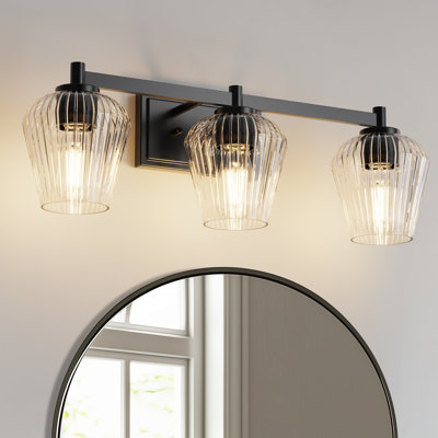 Malinowski 25 In. 3-Light Black Vanity Light With Cone Glass Shades For Bathroom, Living Room, Entryway