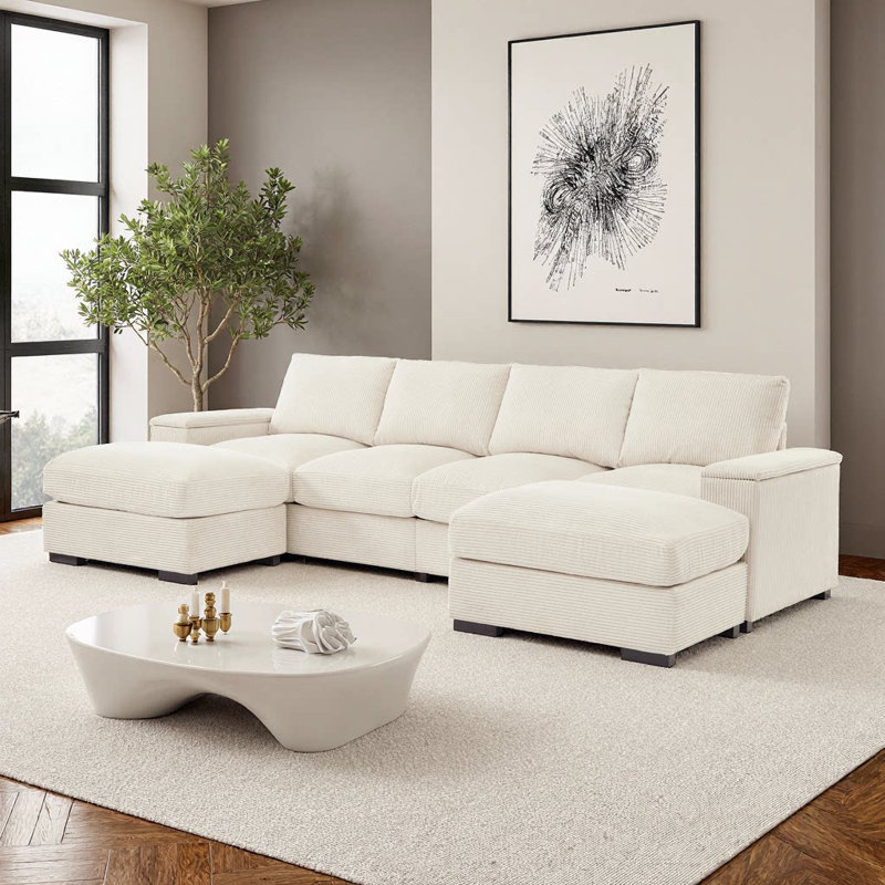 Canapé modulaire moderne en U en velours côtelé 4 places avec 2 repose-pieds et rangement pour les accoudoirs - beige, Beige