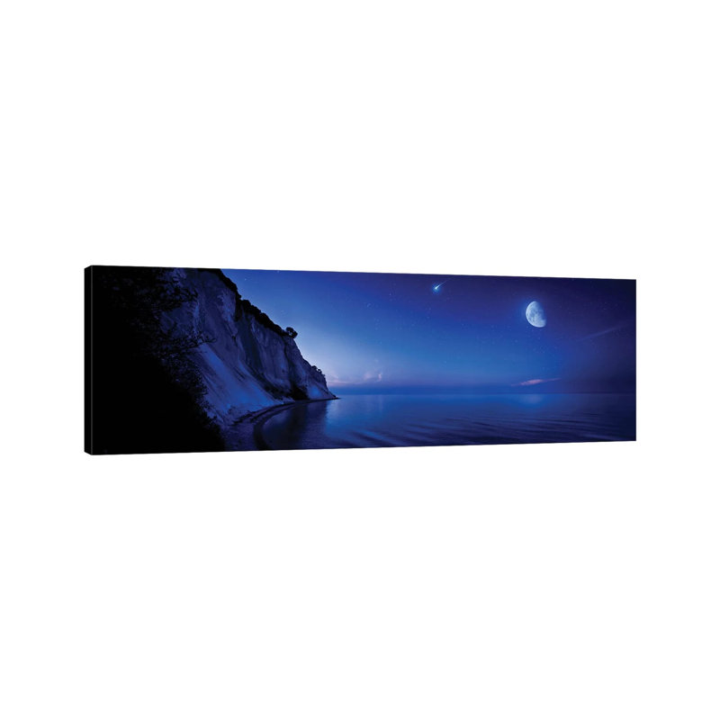 Moon Rising Over Tranquil Sea And Mons Klint Cliffs, Denmark. 1 Piece Wrapped Canvas Panoramic Wall Art