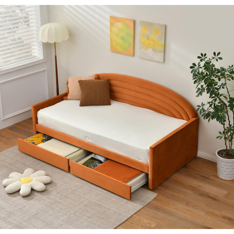 Upholstered Storage Daybed with 2 Drawers, Twin Size Multi‑Purpose Sofa Bed Frame, Solid Wood Slat Support for Small Space Bedroom