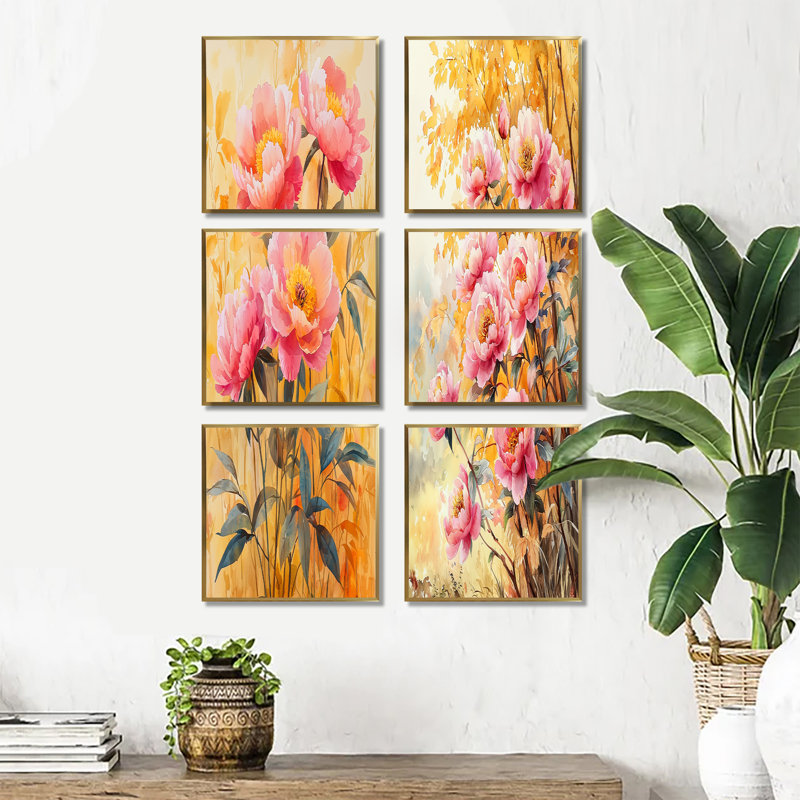 Pivoines dans la brise du verger - ensemble de 6 impressions murales florales, Impression encadrée sans passe-partout, Doré