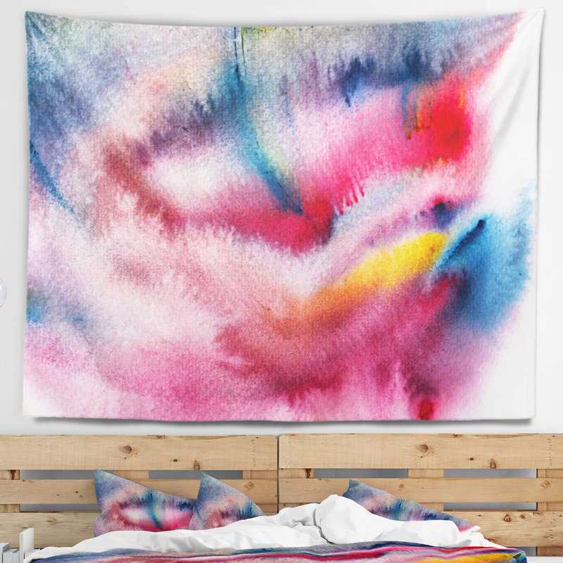 Tapisserie abstraite bleue et rouge de tache, H 32 po x l 39 po