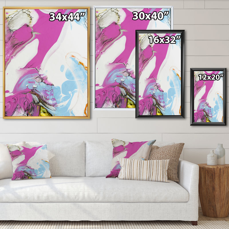 Rose, bleu et jaune liquide Art IV - peinture sur toile, H 44 po x l 34 po x P 1,5 po, Cadre flottant doré