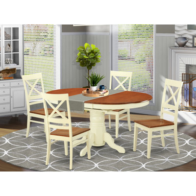 5 Piece Kitchen Table & Chairs Set Includes an Oval Dining Room Table with Butterfly Leaf and 4 Solid Wood Seat Chairs, Buttermilk & Cherry