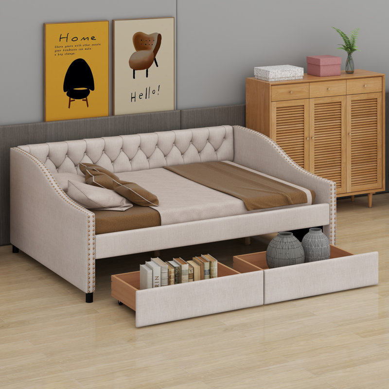 Upholstered Daybed With Two Drawers, Beige, Full