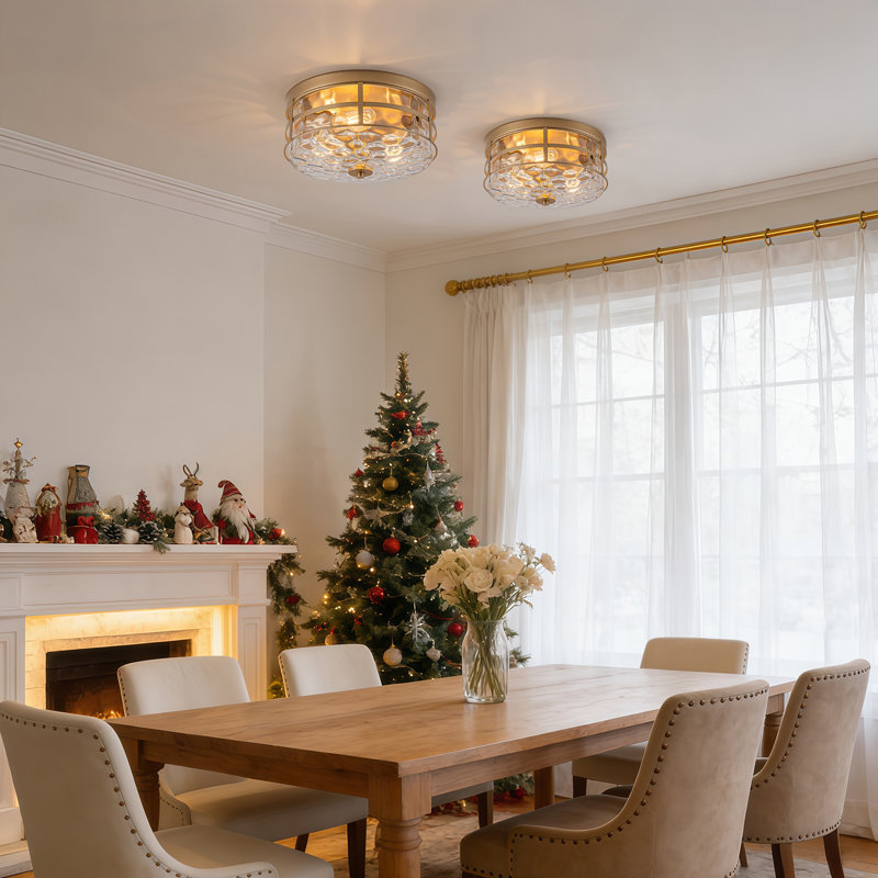 3-Light Flush Mount Ceiling Light With Clear Hammered Glass Shade And Metal, Gold