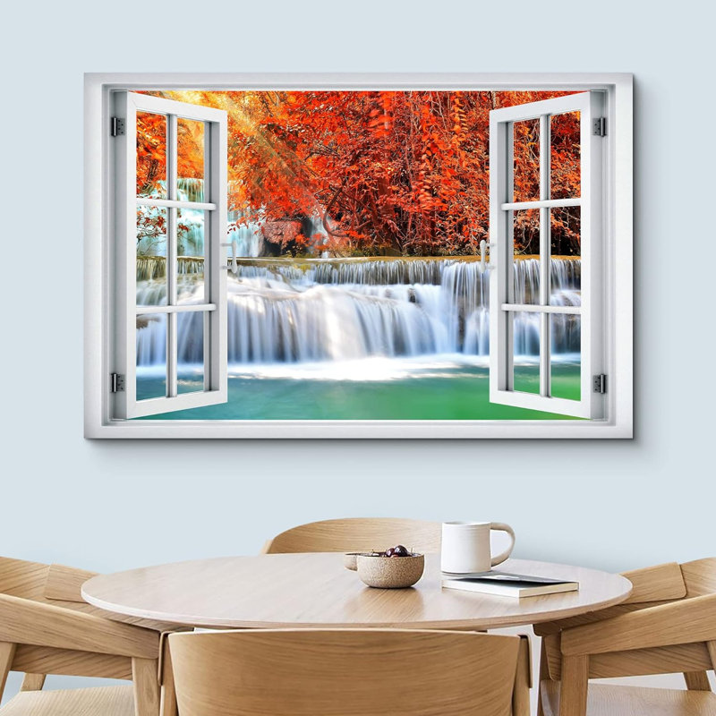 Automne, automne «Window View Autumn Orange Leaf Waterfall Rapid Lake Nature Images Scenic Landscape» sur toile