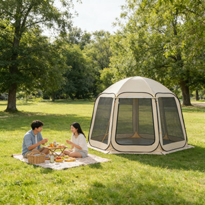 Screen House Tent, 4-8 Person Pop Up Screen Tent With Extended Awning, Portable Screened In Canopy